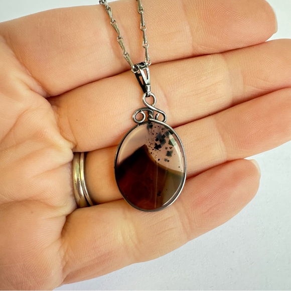 Vintage Montana Picture Agate Necklace Mountain Scene Sterling Silver Pendant - Picture 3 of 13